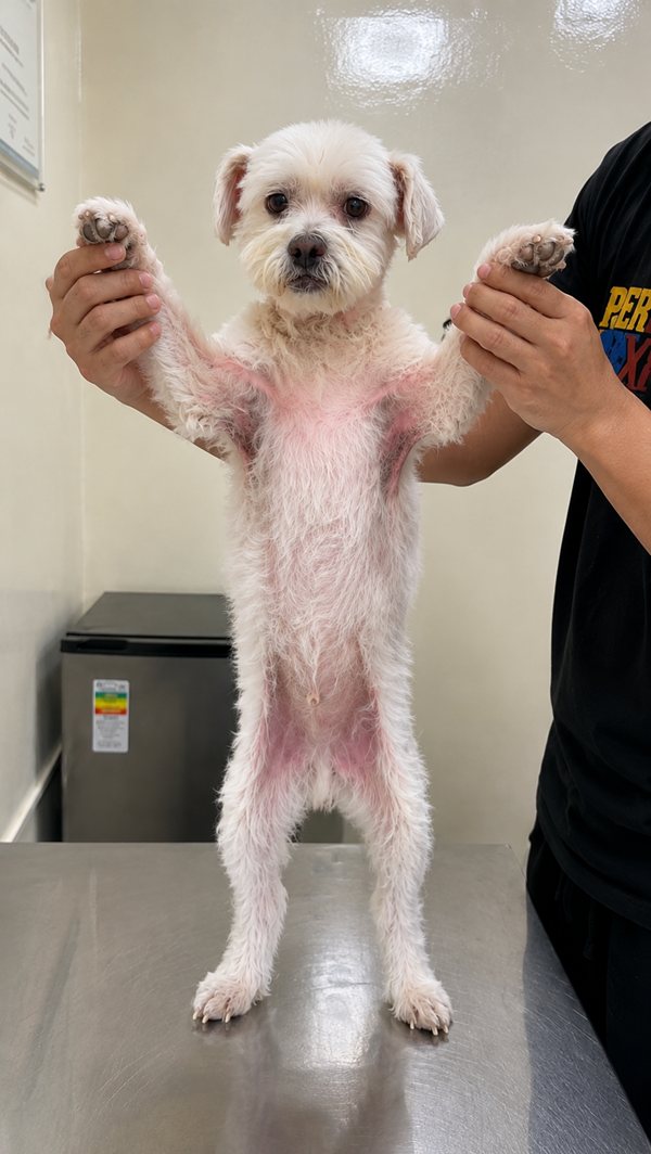 Small white terrier held up at the vet, showing a red, raw, irritated belly and inner legs