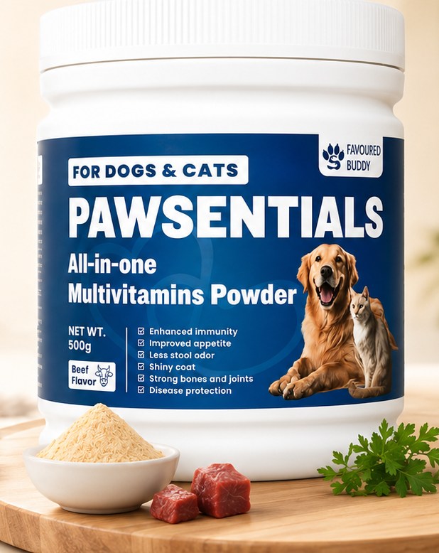 The Pawsentials 500g can on a wooden board beside a bowl of beef-flavored powder