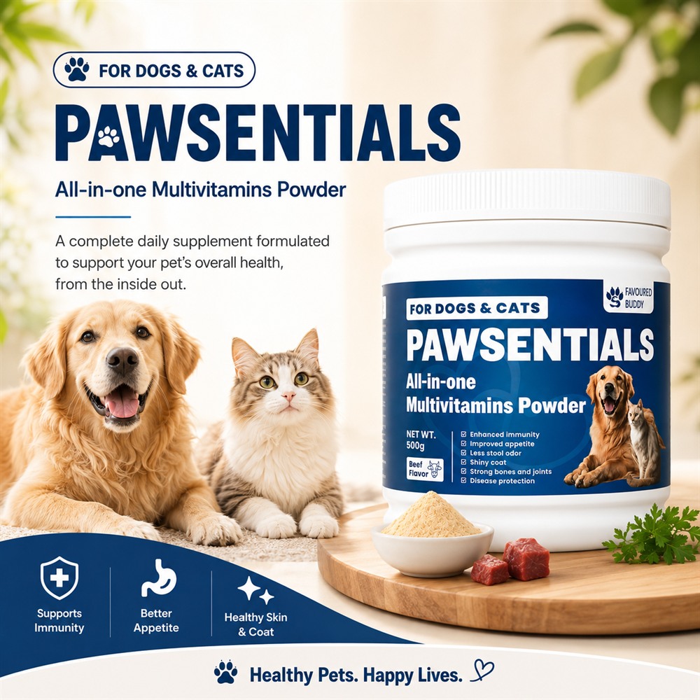 Pawsentials All-in-one Multivitamins Powder, a 500g beef-flavored tub, on a wooden board beside a golden retriever and a tabby cat