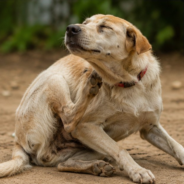 A dog sitting on dirt scratching at its neck and shoulder