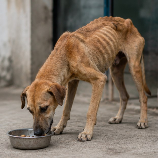 A severely underweight dog eating from a metal bowl, ribs and spine clearly visible